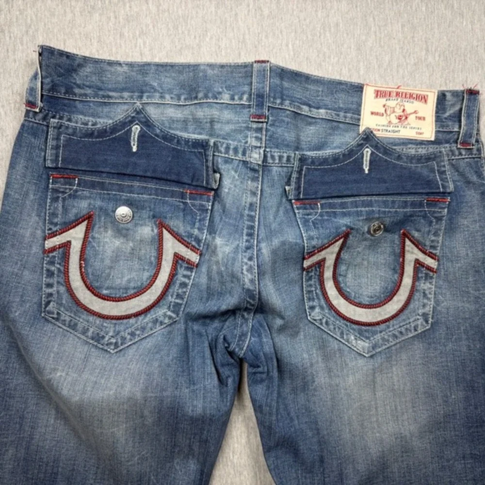 True Religion‎ Mens Straight Leg Jeans Medium Wash Red Rope Stitch Size 40